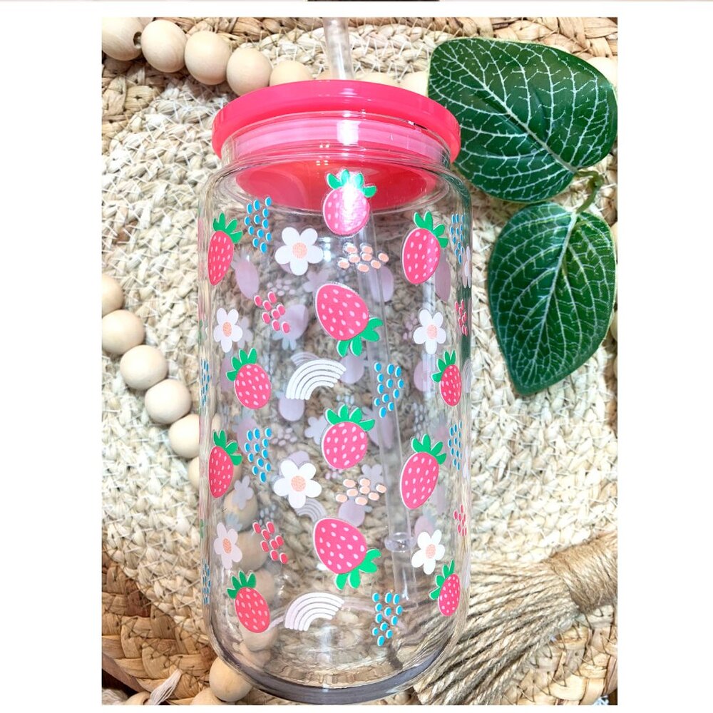 Strawberry 16oz Libbey glass cup, iced coffee drinking glass